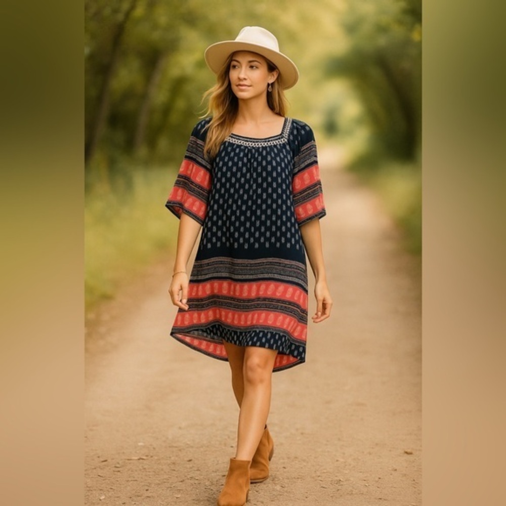 Umgee Navy Coral Boho Back Tie Mini Dress Border Print Boutique EUC S #1508